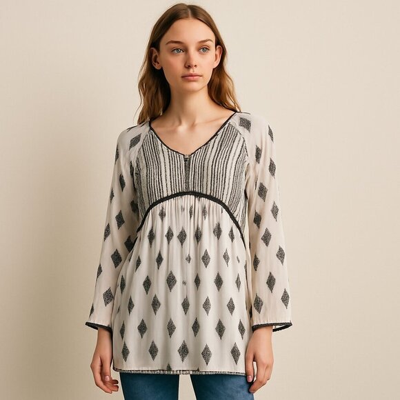 Boho Coastal Hoss Intropia Sheer Embroidered Tunic Flowy Blouse Cottagecore Chic - Picture 1 of 13